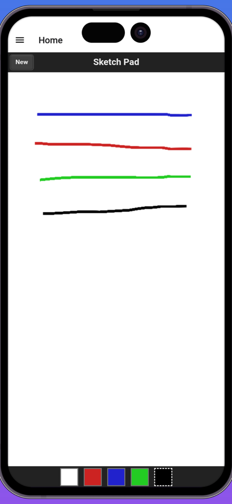 Sketchbook Drawing - Interfaz de la aplicación móvil Sketchbook Drawing que muestra un lienzo blanco con trazos de colores horizontales y una paleta de colores en la parte inferior