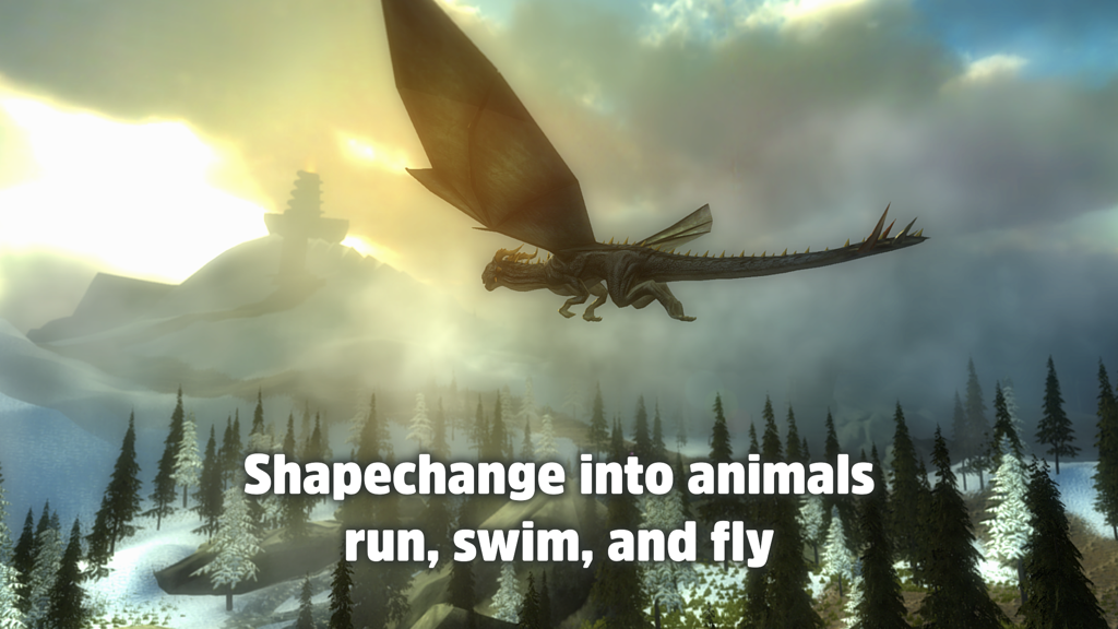 A black dragon flying over a snowy pine forest in a fantasy landscape with a text overlay about shapechanging