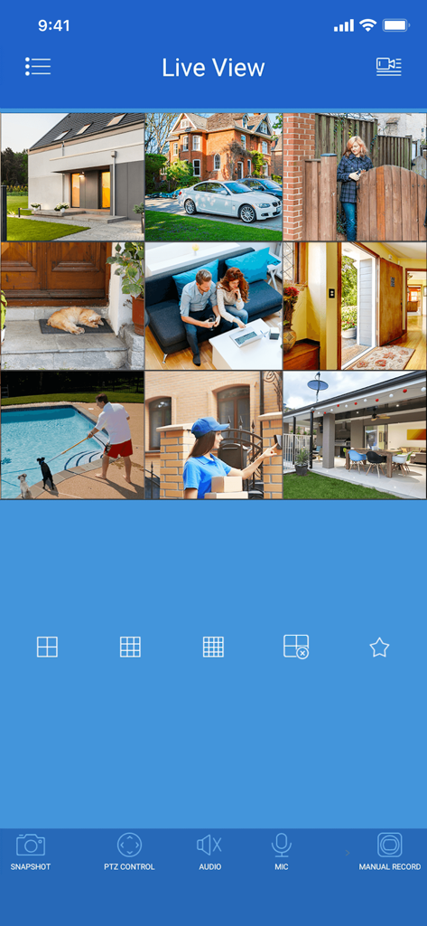 Lorex Cloud mobile app live view interface showing a grid of nine security camera feeds