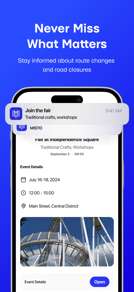 MISTO - MISTO app interface displaying a city fair notification and event details on a smartphone.