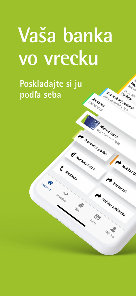 Tela do aplicativo Fio Smartbanking SK mostrando um painel financeiro personalizável com widgets para poupança e pagamentos