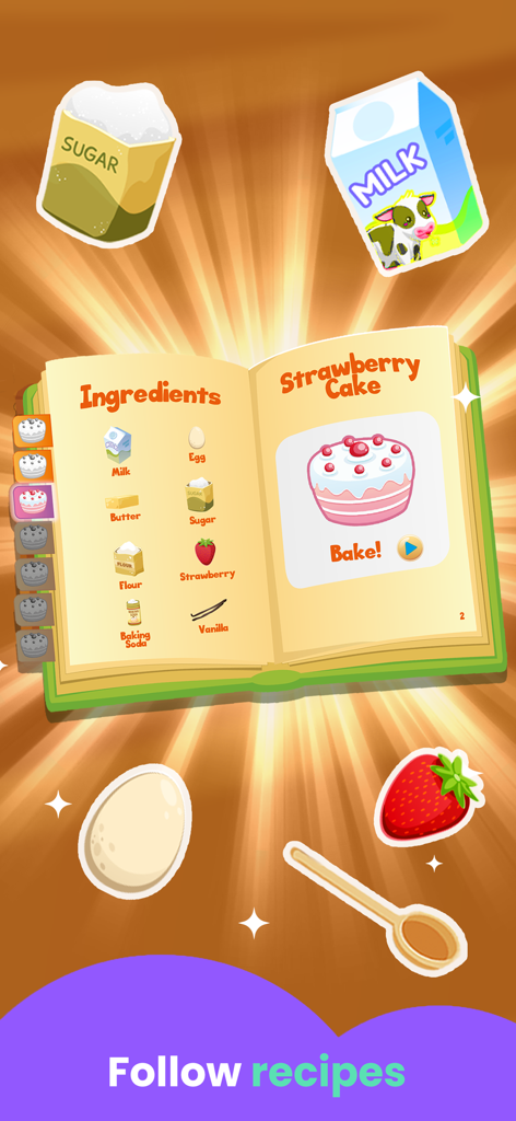 Digitales Kochbuch mit Erdbeerkuchen-Zutaten für Kinder