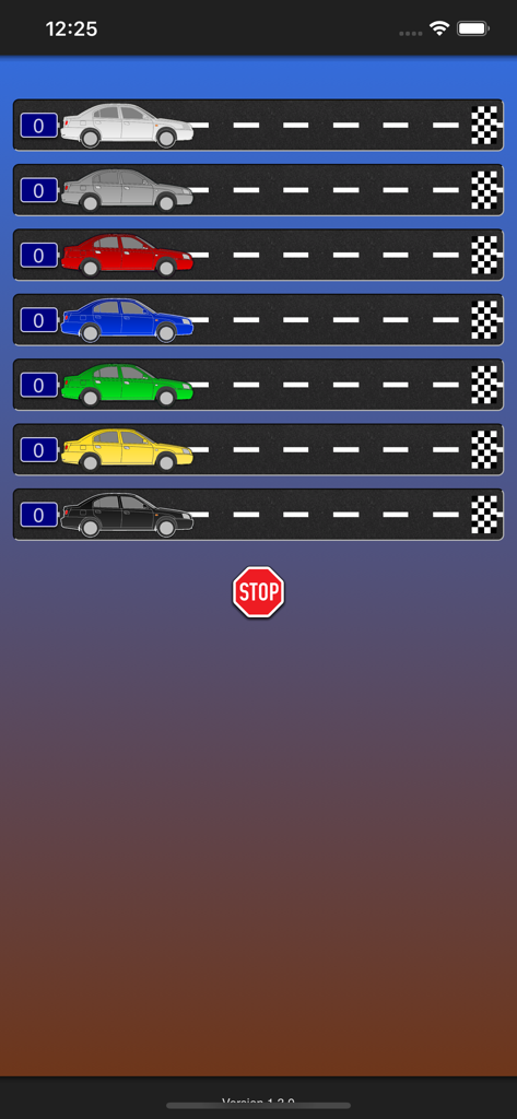Car Counter - A car counting game interface featuring rows of different colored cars on road tracks with numeric counters and a stop button