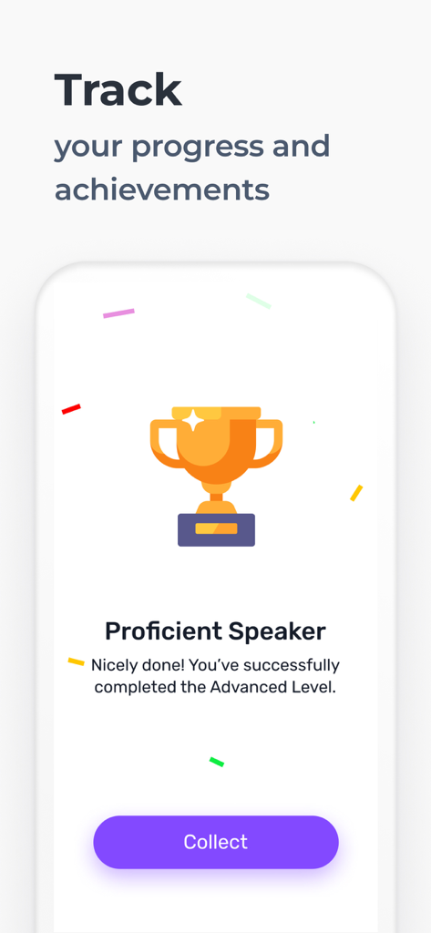 WRD - Learn Words - Pantalla de logros en la aplicación WRD que muestra un trofeo de oro por completar el Nivel Avanzado como Hablante Competente.