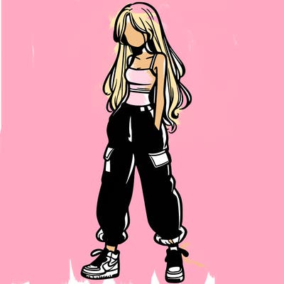 girl in baggy pants crop top and long hair