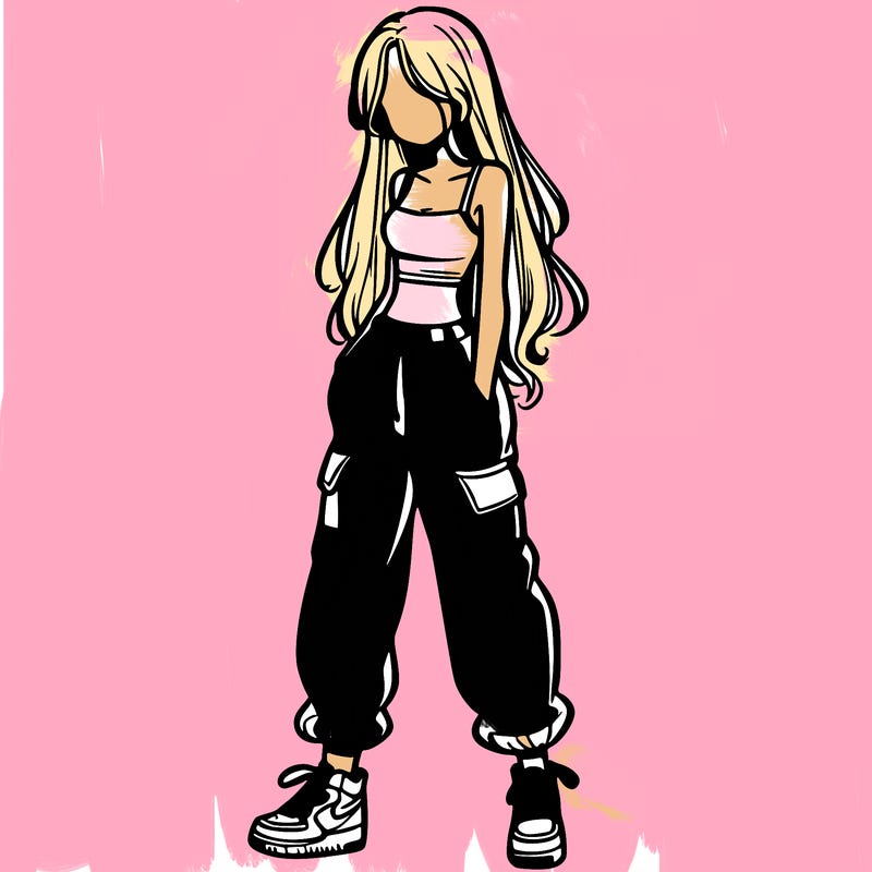 girl in baggy pants crop top and long hair