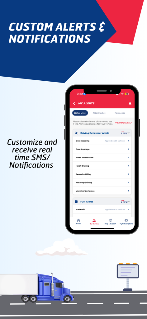 Dashboard für benutzerdefinierte Warnungen und Benachrichtigungen in der MY EICHER Flottenmanagement-App.