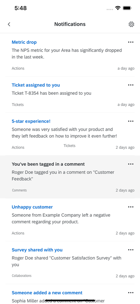 Real time notification feed in the Qualtrics XM mobile app for customer and employee experience management