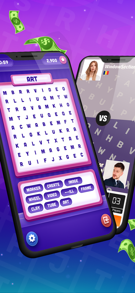 Word Search Real Money Rewards - Two mobile screens displaying a word search game grid and a competitive head-to-head player match screen with floating money icons.