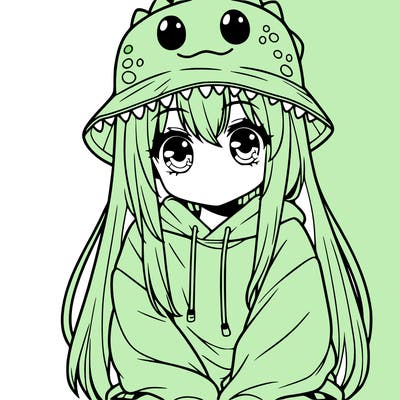 girl with anime shaped eyes with a dinosaur bucket hat oversized sweatshirt long straight hair