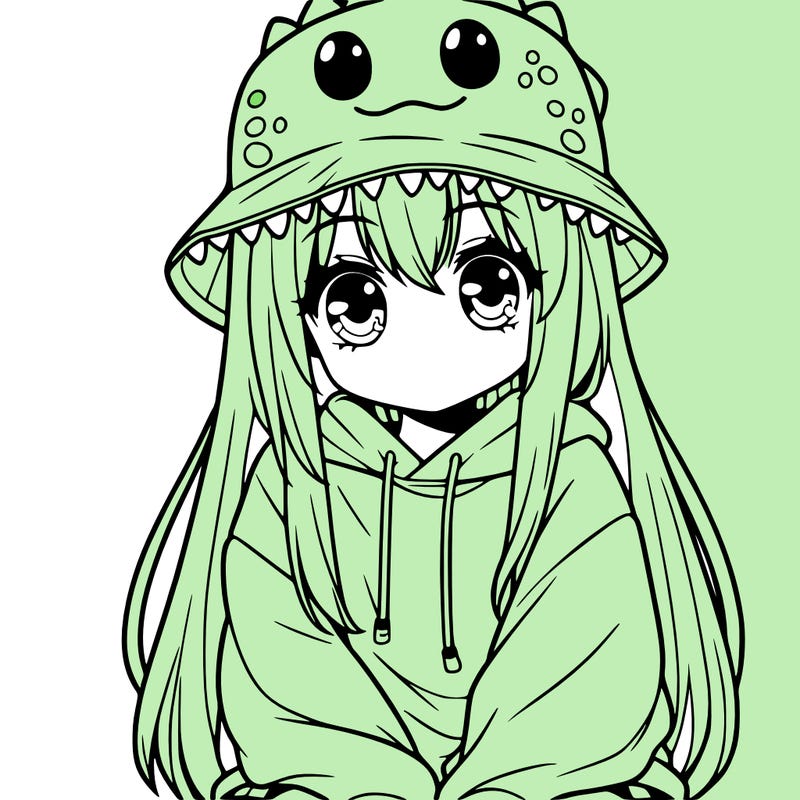girl with anime shaped eyes with a dinosaur bucket hat oversized sweatshirt long straight hair