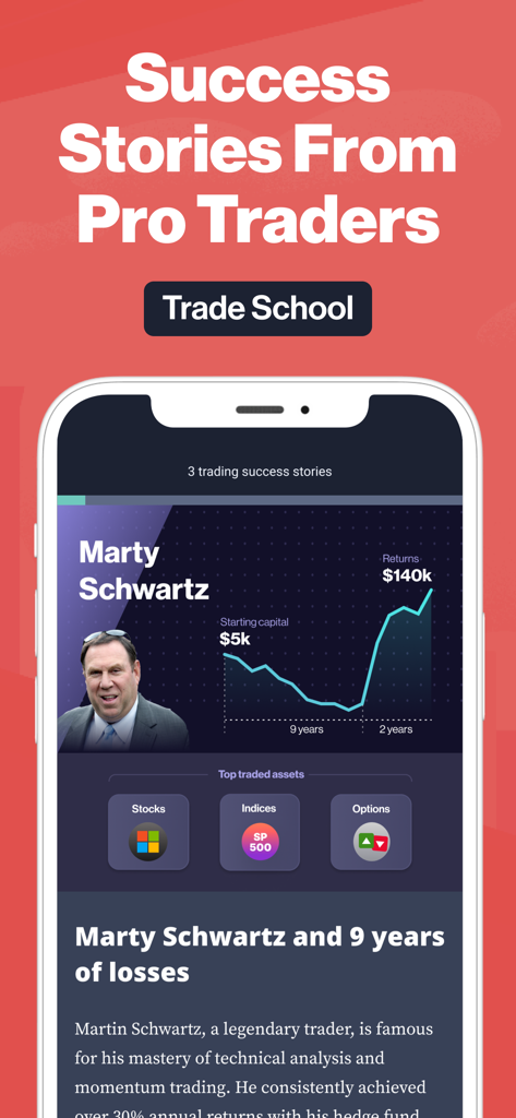 Forex Trading School & Game - Una pantalla de aplicación móvil titulada Historias de éxito de traders profesionales con un perfil y un gráfico de rendimiento del legendario trader Marty Schwartz.