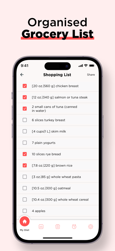 An organized grocery shopping list feature within the My Daily Diet Weight Watch app showing various healthy food items with checkboxes.