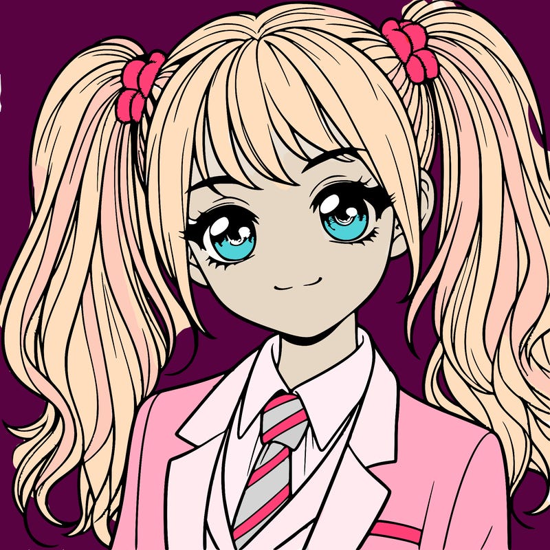 realistic girl with two ponytails and a suit on