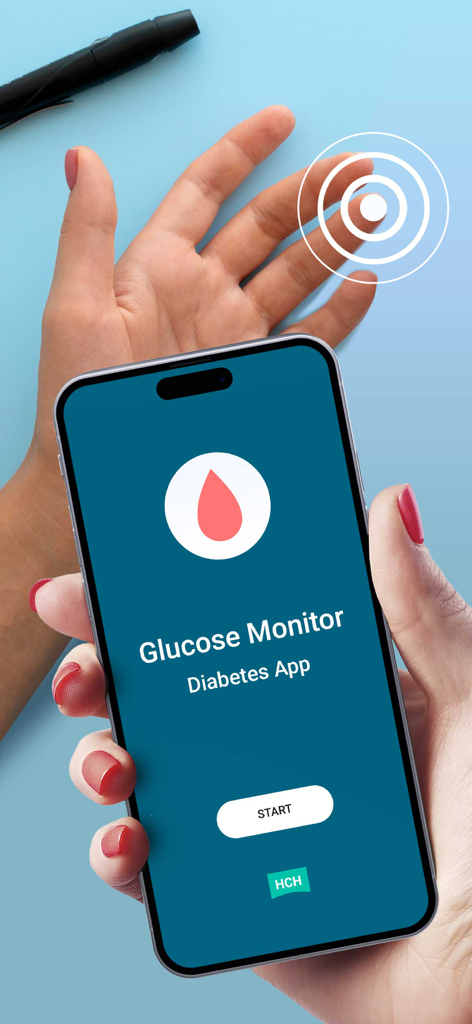Eine Hand hält ein iPhone, das den Startbildschirm der Glukose Monitor - Diabetes App mit einem Bluttropfen-Symbol anzeigt.