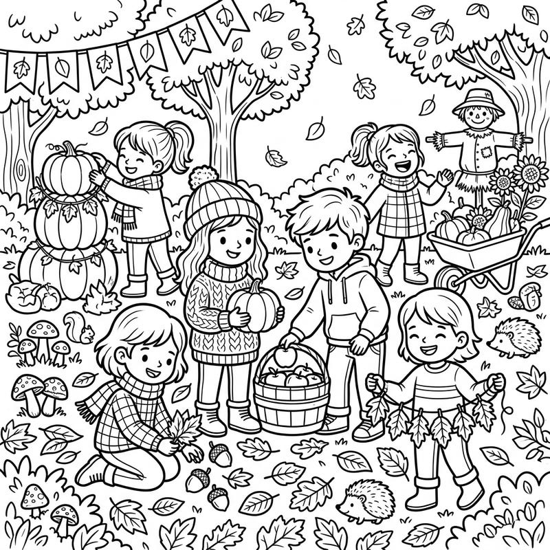 Immerse your young artists in the magic of autumn with this joyful coloring page, depicting a group of children engaged in various fall harvest activities. From stacking pumpkins to gathering colorful leaves, it's a perfect scene for creative expression and celebrating the season.