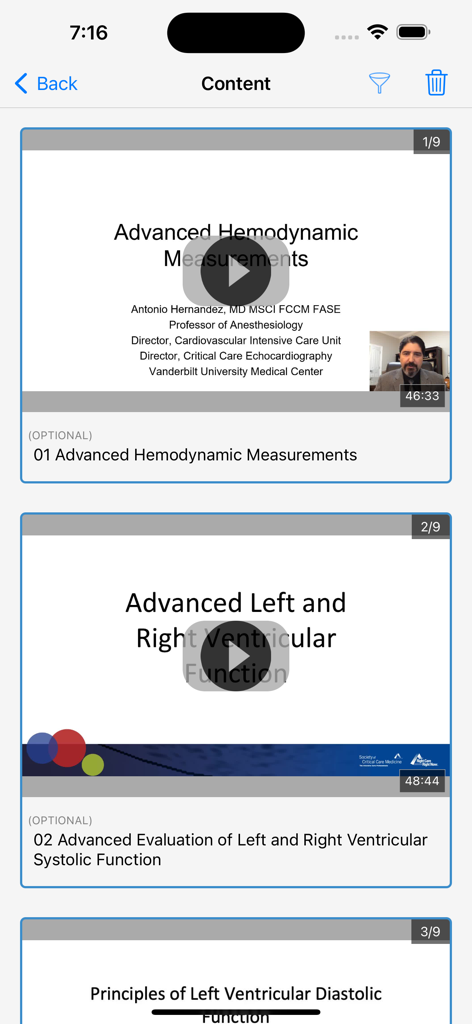 Learn ICU - Mobile interface of the Learn ICU app showing a list of medical education video modules from the Society of Critical Care Medicine