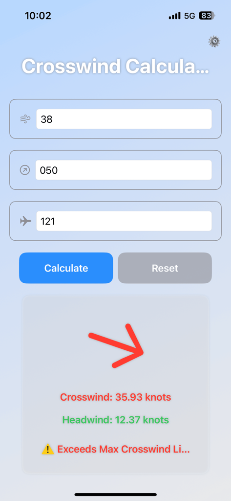 Simple Xwind - Interface of Simple Xwind app showing a calculated crosswind exceeding safety limits with a warning message.