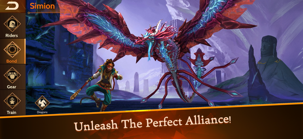 Un jinete de dragón de pie junto a un gran dragón púrpura con alas cristalinas en la interfaz del juego War Dragons