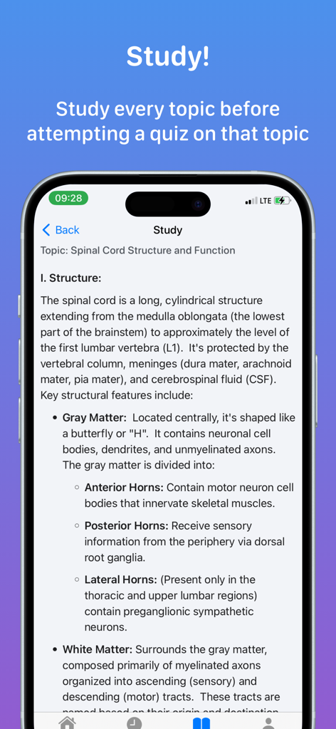 Neurology - Neurology app study mode interface displaying detailed medical information about spinal cord structure and anatomy