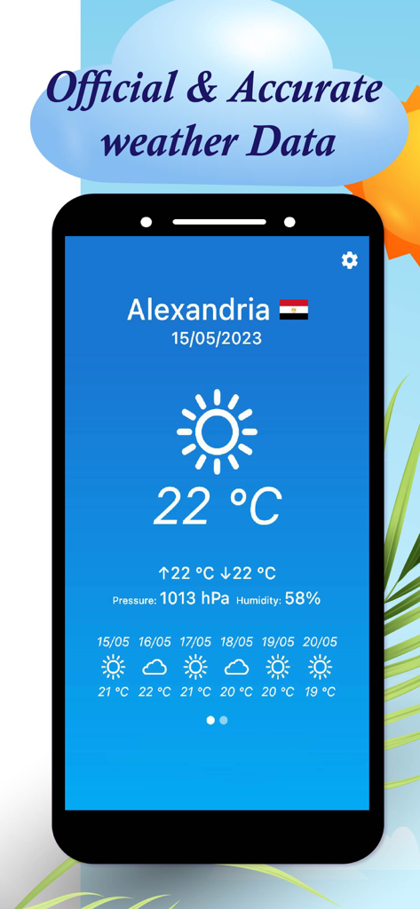 Weather forecast app interface showing current temperature and 6 day forecast for Alexandria