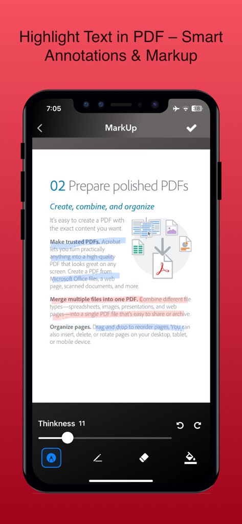 ScanCopy: PDF Editor Converter - Interfaz de la aplicación ScanCopy mostrando resaltado de texto y anotaciones inteligentes en un documento PDF.