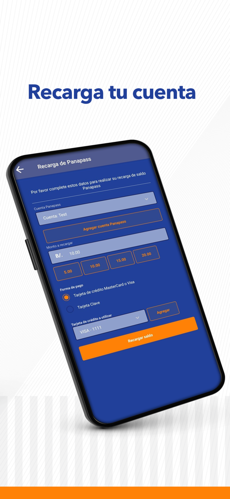 Panapass - Panapass mobile app screen for recharging account balance with credit card payment options