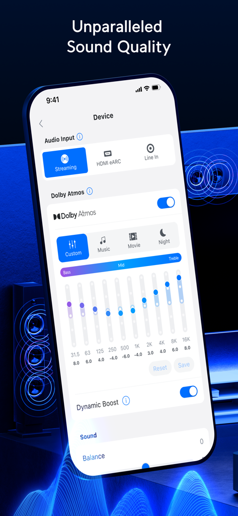 UniFi Play 앱 인터페이스, 전문 오디오 이퀄라이저 제어 및 Dolby Atmos 설정 표시