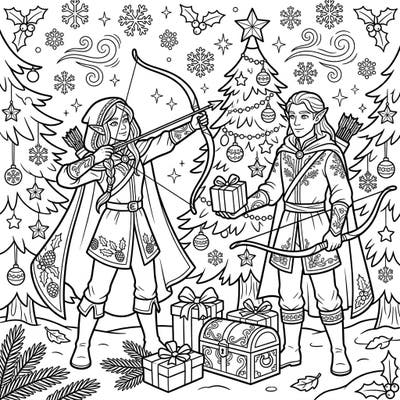 Journey into a magical Christmas forest with these skilled Elven Archers, ready for a festive adventure. This enchanting coloring page features elegant elves, bows, and holiday treasures, perfect for a cozy creative escape.