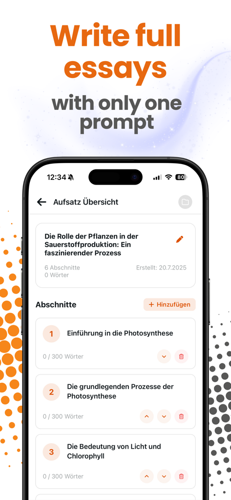 Studeez app screen showing an AI-powered essay writing feature with an outline for a paper on photosynthesis