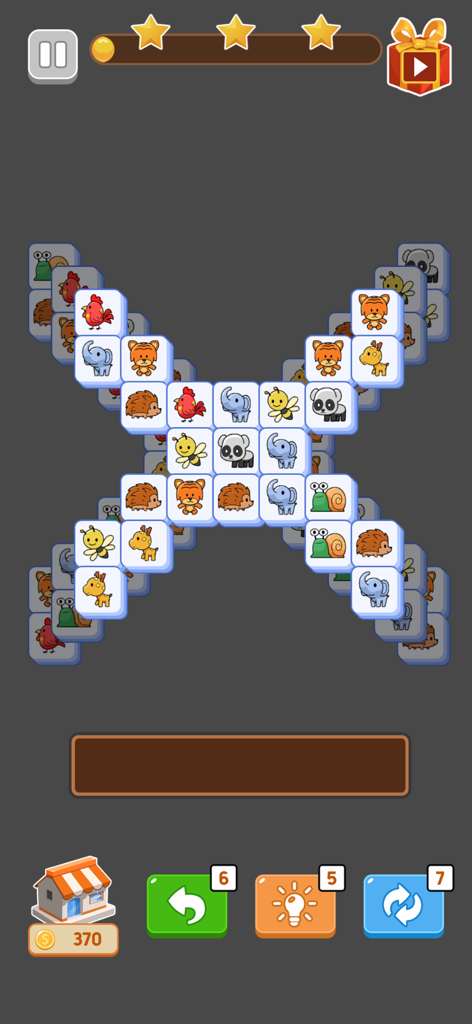 Triple Match : Tile Puzzle 3D - Triple match tile puzzle gameplay with cute animal icons arranged in an X shape