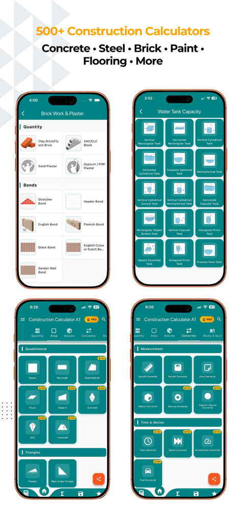 Construction Calculator A1 - 材料数量見積もりおよび単位変換ツールを表示する建設計算機 A1 アプリのインターフェイス。