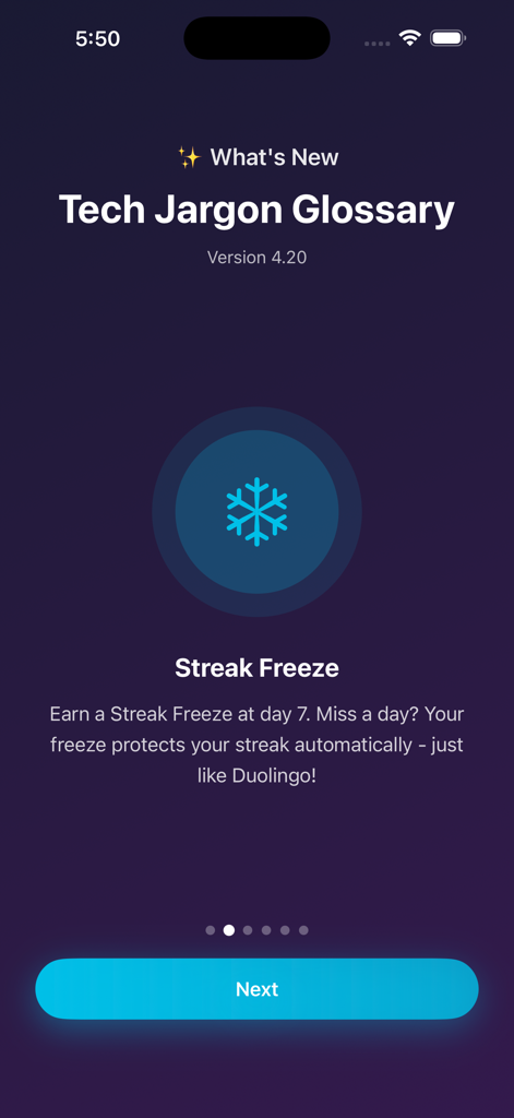 Una captura de pantalla de la aplicación Glosario de Jerga Tecnológica que muestra la función 'Streak Freeze' utilizada para proteger el progreso del aprendizaje diario.