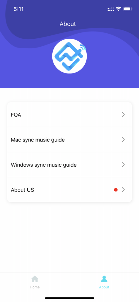 Dazzling Home - Interface of the Dazzling Home app about section showing FAQ and music sync guides