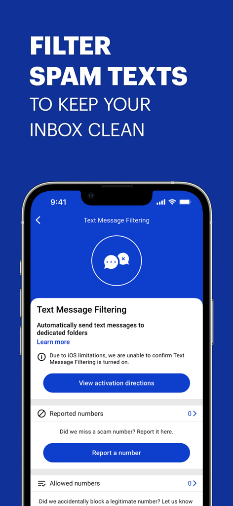 Malwarebytes - Mobile Security - Malwarebytes mobile security interface for filtering and blocking spam text messages on iPhone.