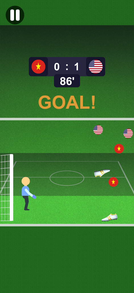 86分にアメリカがベトナム相手に決めたゴールを表示するマーブルフットボールのゲーム内スクリーンショット。