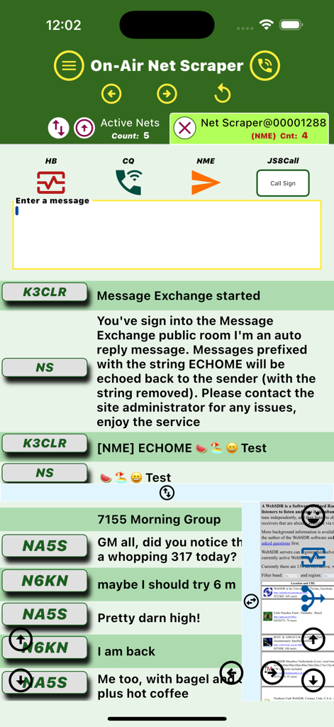 On-Air Net Scraper - Split screen view of the On-Air Net Scraper app showing amateur radio message exchanges and a WebSDR monitoring panel.
