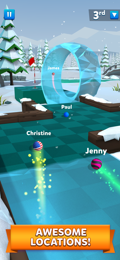 Partida de minigolf multijugador en tiempo real en un campo nevado con bolas personalizadas y un obstáculo de bucle de hielo