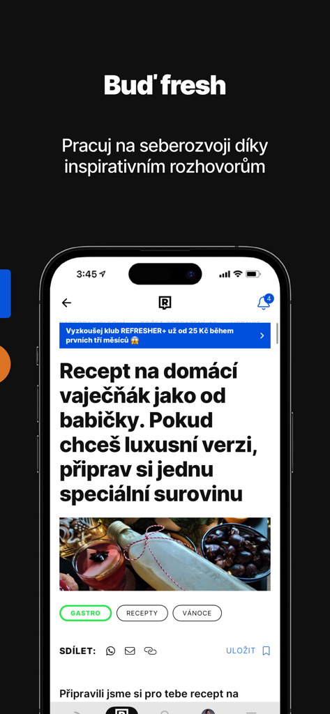 Captura de ecrã da interface da app Refresher Cesko exibindo um artigo de lifestyle sobre uma receita em modo escuro