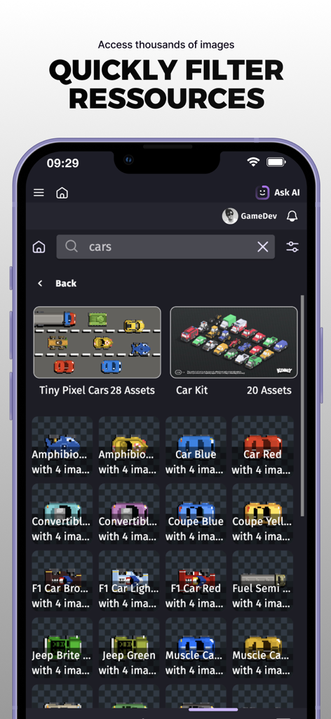 Searching and filtering car assets in the GDevelop game resource library