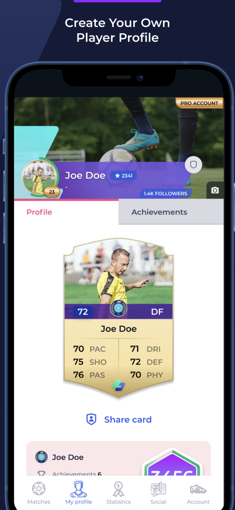 4league app interface showing a soccer player profile with custom stats card and achievements.