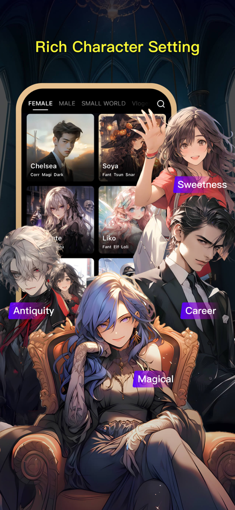 AI roleplay app interface showing a diverse selection of anime style characters with personality tags like sweetness antiquity career and magical