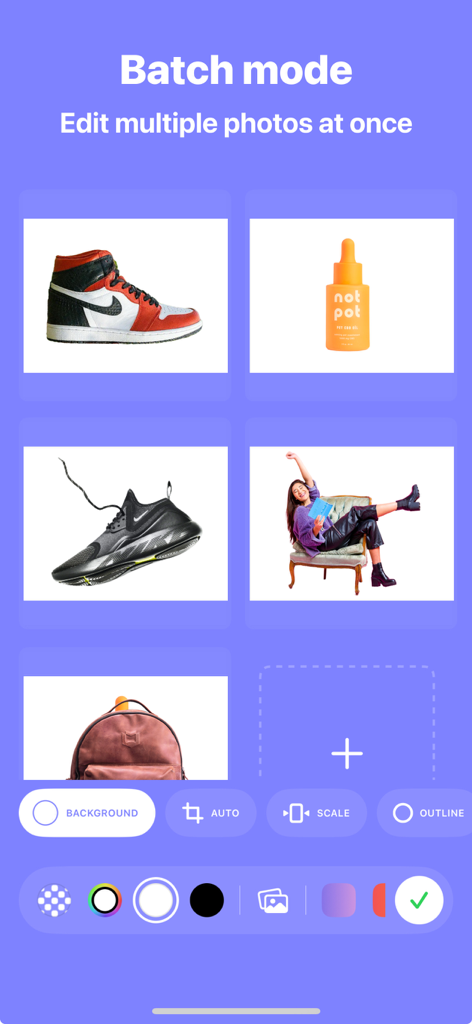 Remove BG Object Eraser - Snip - Mobile app interface showing batch mode for simultaneous photo background removal