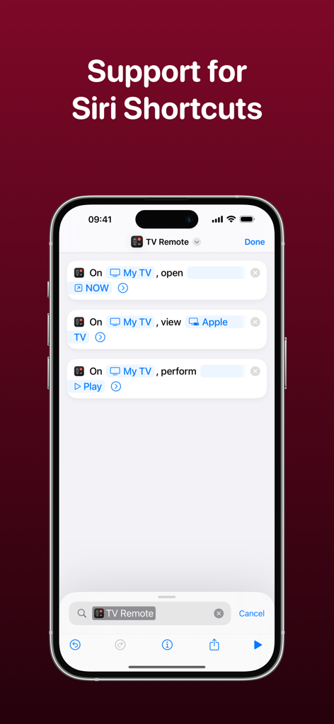 TV Remote - Universal Remote - Interface do aplicativo TV Remote mostrando a integração de Atalhos da Siri em um iPhone