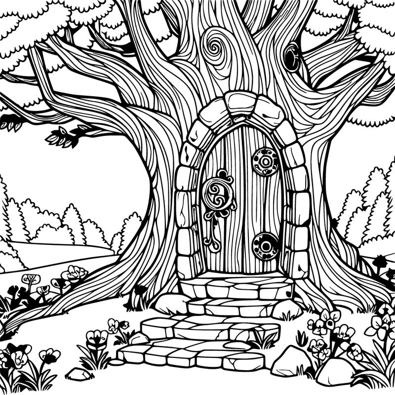 a magical doorway in an ancient tree leading to a secret world