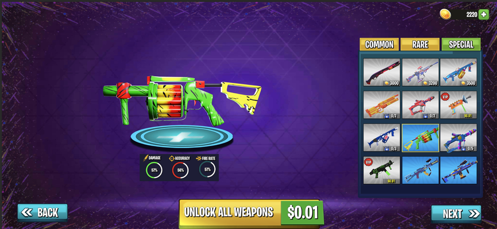 Paintball Shooting Team Strike - Menú de selección de armas en Paintball Shooting Team Strike que muestra varios marcadores de paintball y estadísticas.