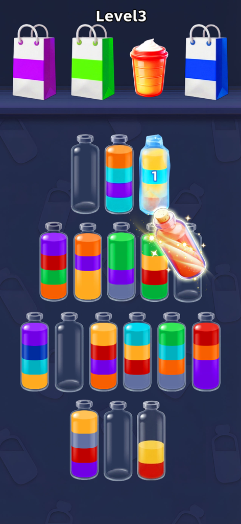 Water Jam Sort - Match Puzzle - Interfaz de juego de puzzle móvil que muestra botellas de vidrio llenándose con diferentes líquidos de colores para clasificar