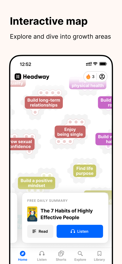 Headway - Daily Micro Learning - Headway app interface showing an interactive map of self-growth goals and a featured daily book summary.