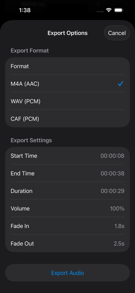 Audio Trimmer Plus - Export options screen of Audio Trimmer Plus showing audio formats and trim settings