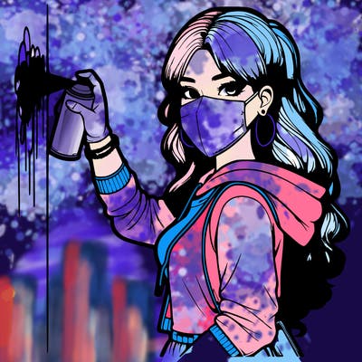 realistic girl with mask spray painting a wall